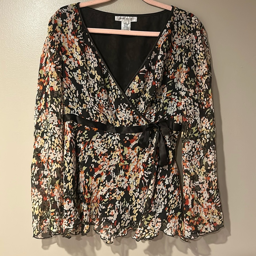 silk whimsical cottagecore floral bow tie waist semi sheer flare sleeve blouse
